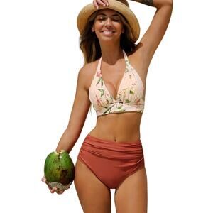 Cupshe Women's Pink Halter Tall Tri & High Waist Bikini Swimsuit Size M